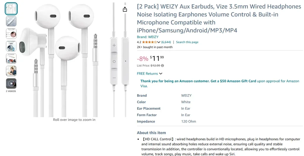 [2 Pack] WEIZY Aux Earbuds, Vize 3.5mm Wired Headphones