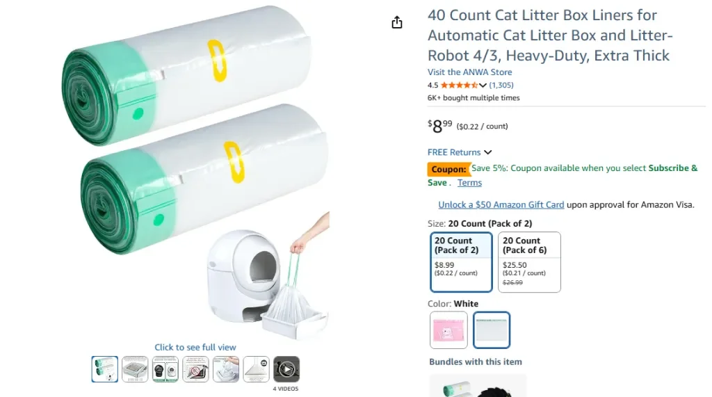 40 Count Cat Litter Box Liners for Automatic Cat Litter Box (ANWA)