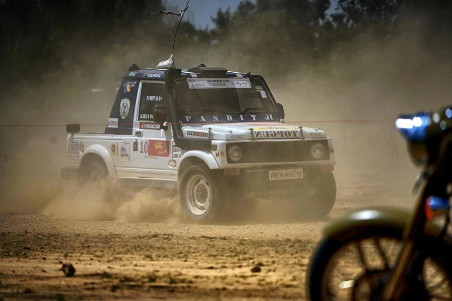 A car driving on a dirt road