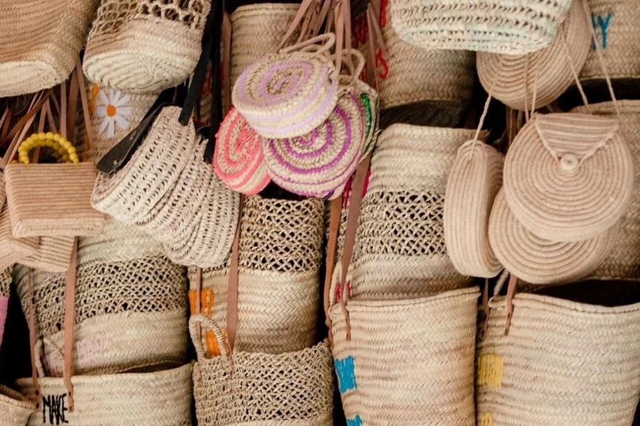 A close-up image of basket bags on display