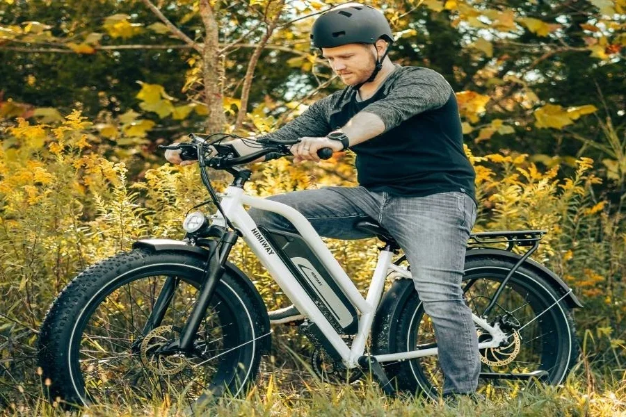 Ein Mann fährt auf einem Gelände-Elektrofahrrad auf einem Feld