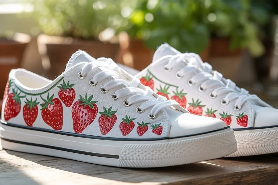 Пара белых кроссовок, украшенных клубникой.
