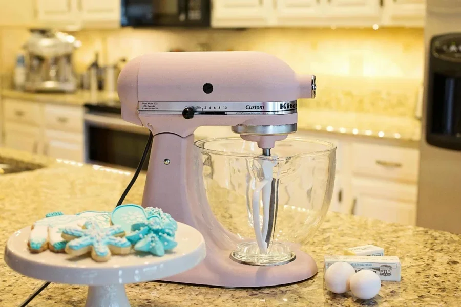 A pink mixer on a counter