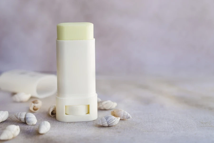 A solid stick sunscreen with shells