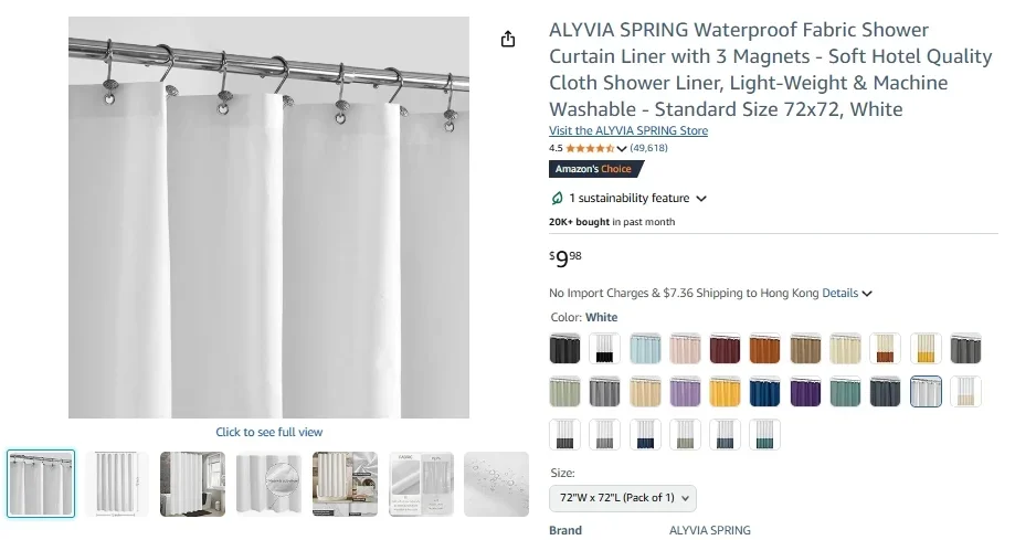 Водонепроницаемая тканевая подкладка для душевой занавески ALYVIA SPRING