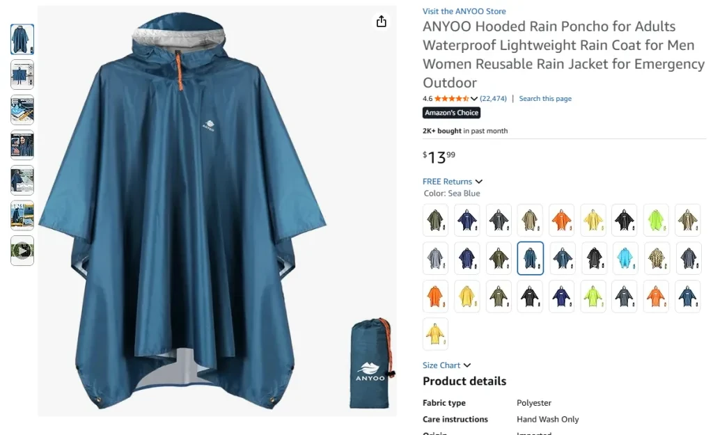 ANYOO Hooded Rain Poncho for Adults Waterproof Lightweight Reusable