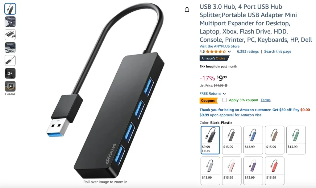 Concentrador USB 3.0 ANYPLUS, concentrador divisor USB de 4 puertos