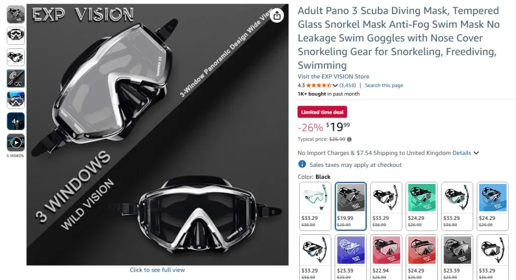 Máscara de buceo panorámica de 3 ventanas para adultos de EXP VISION