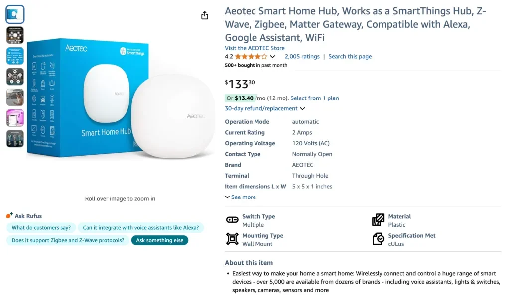 Centro de hogar inteligente Aeotec (centro SmartThings)