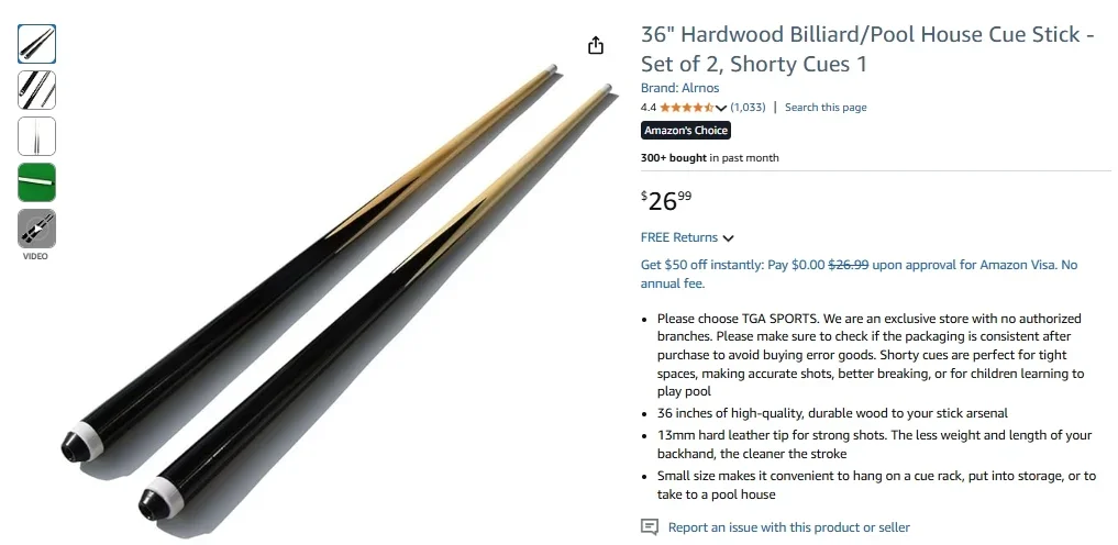 Alrnos 36 Hardwood BilliardPool House Cue Stick – Set of 2 Shorty Cues