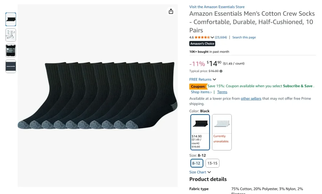 Amazon Essentials Men’s Cotton Crew Socks – Comfortable, Durable, Half-Cushioned (10 Pairs)