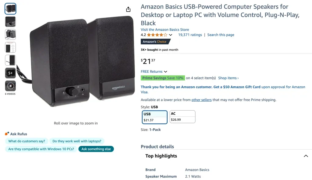 Altavoces para computadora con alimentación USB de Amazon Basics