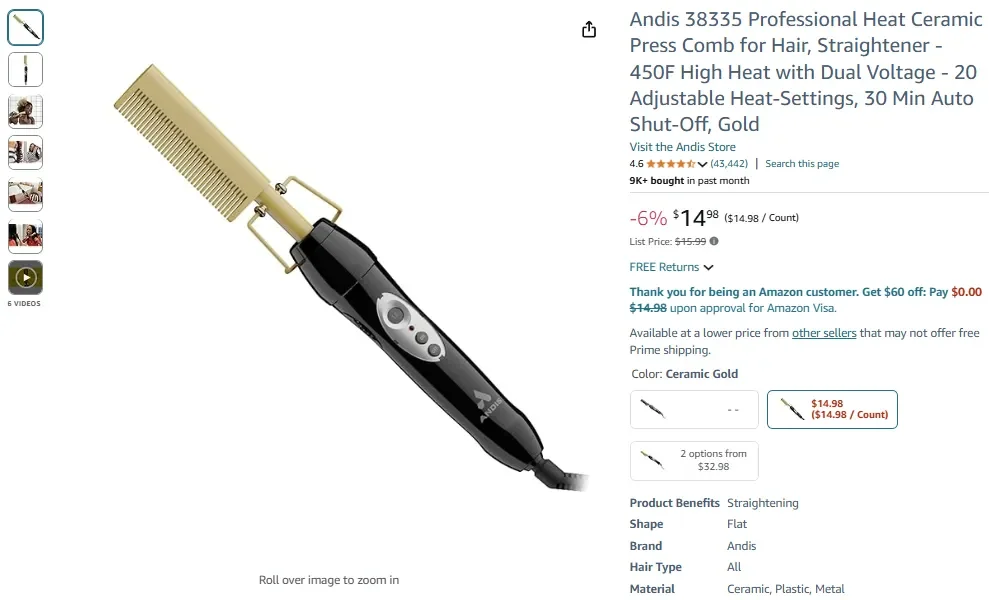 Andis 38335 Professioneller Keramik-Presskamm mit Wärme