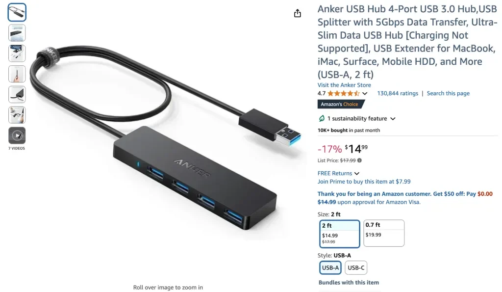 Concentrador USB Anker Concentrador USB 4 de 3.0 puertos, divisor USB con transferencia de datos de 5 Gbps