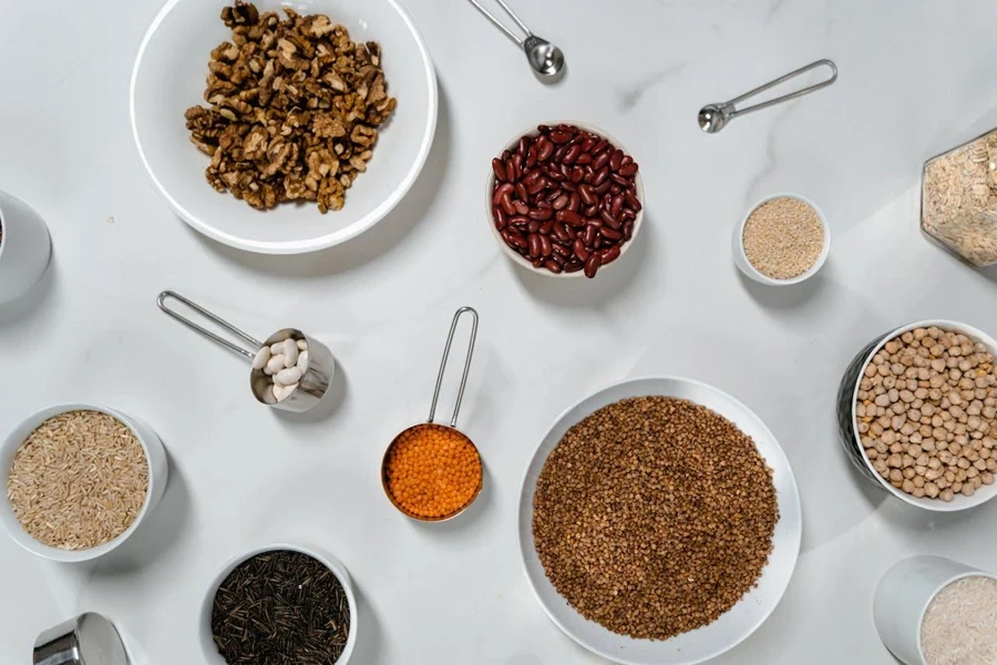 Assorted grains in bowls on a table