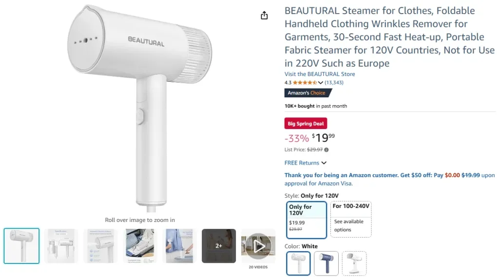 BEAUTURAL Vaporizador para ropa, portátil y plegable