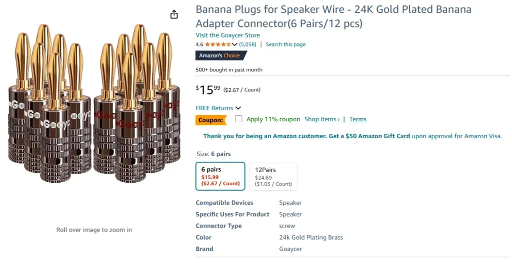 Banana Plugs for Speaker Wire (24K Gold Plated)
