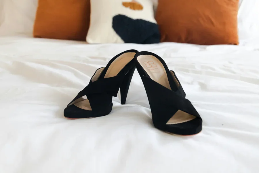 Black peep toe mule heel sandals