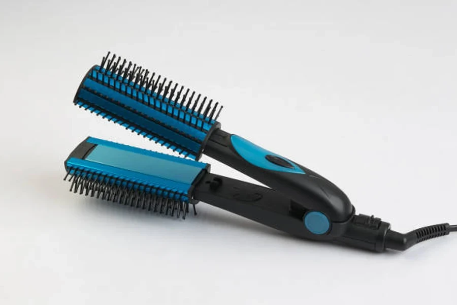 Blue hair straightener with comb isolated on white background
