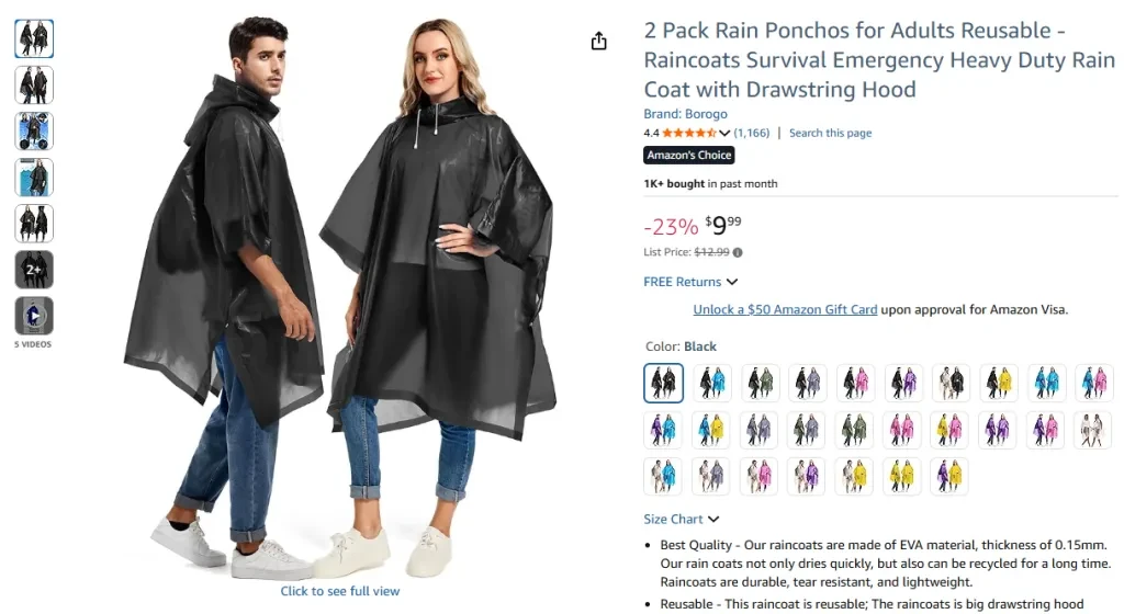 Borogo 2 Pack Rain Ponchos for Adults Reusable