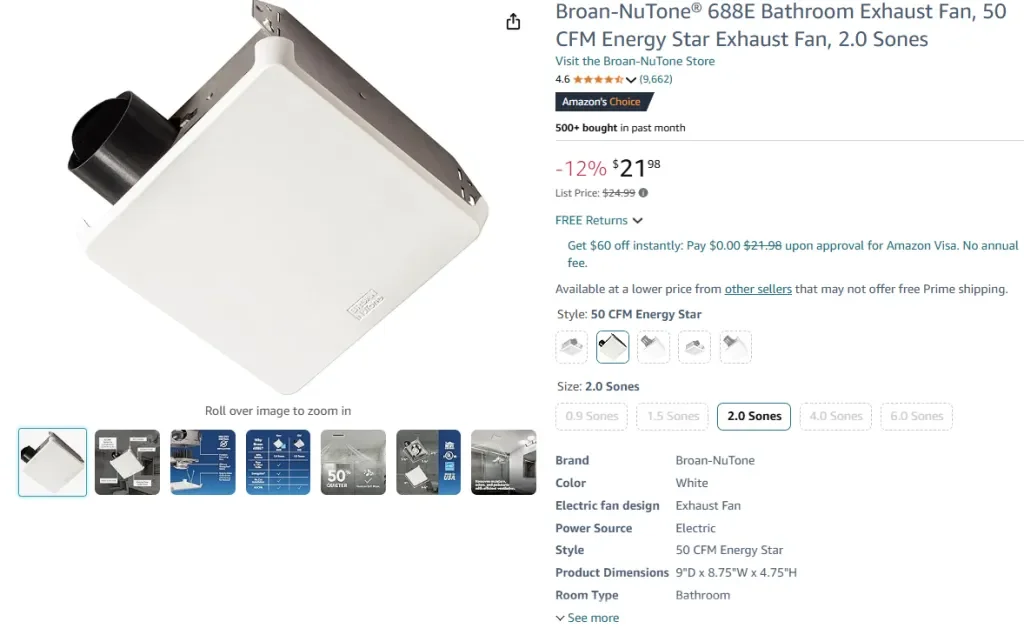 Вытяжной вентилятор для ванной Broan-NuTone® 688E, 50 куб. футов в минуту, Energy Star, 2.0 сон