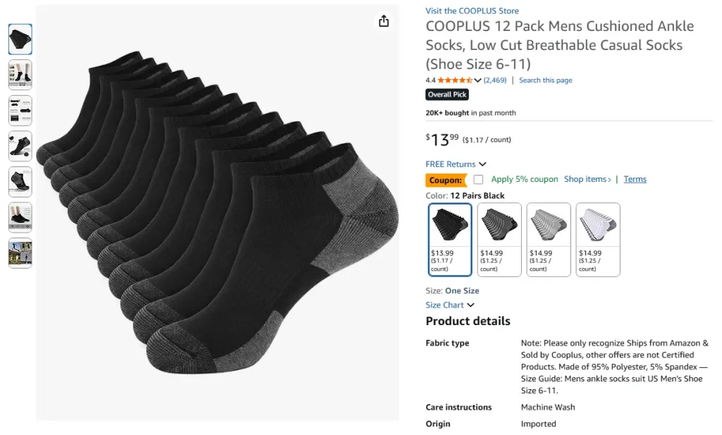 Набор из 12 мужских носков до щиколотки с мягкой подошвой COOPLUS – низкие, дышащие, влагоотводящие повседневные носки