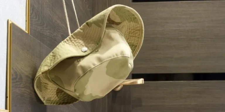Camouflage boonie hat hanging on modern wooden wall hook, blending military style with interior design.
