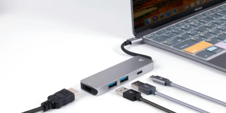 Close-up view of a USB hub connected to a laptop, showcasing various ports and cables on a white surface