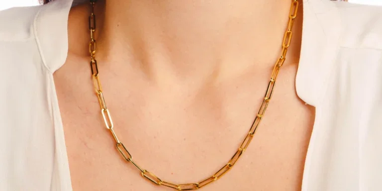Closeup of gold paperclip necklace