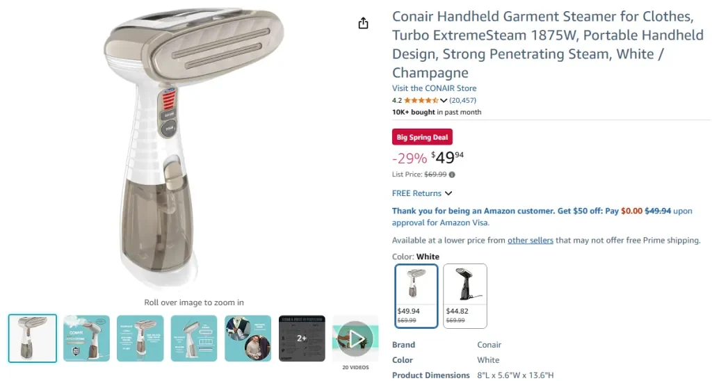 Vaporizador de ropa portátil Conair para ropa, Turbo ExtremeSteam