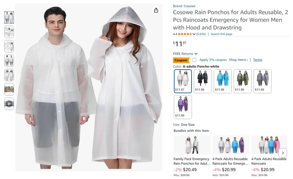 Cosowe Rain Ponchos for Adults Reusable, 2 Pcs Raincoats