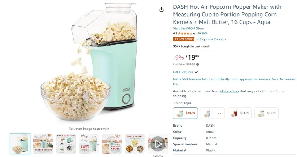 Máquina para hacer palomitas de maíz con aire caliente DASH