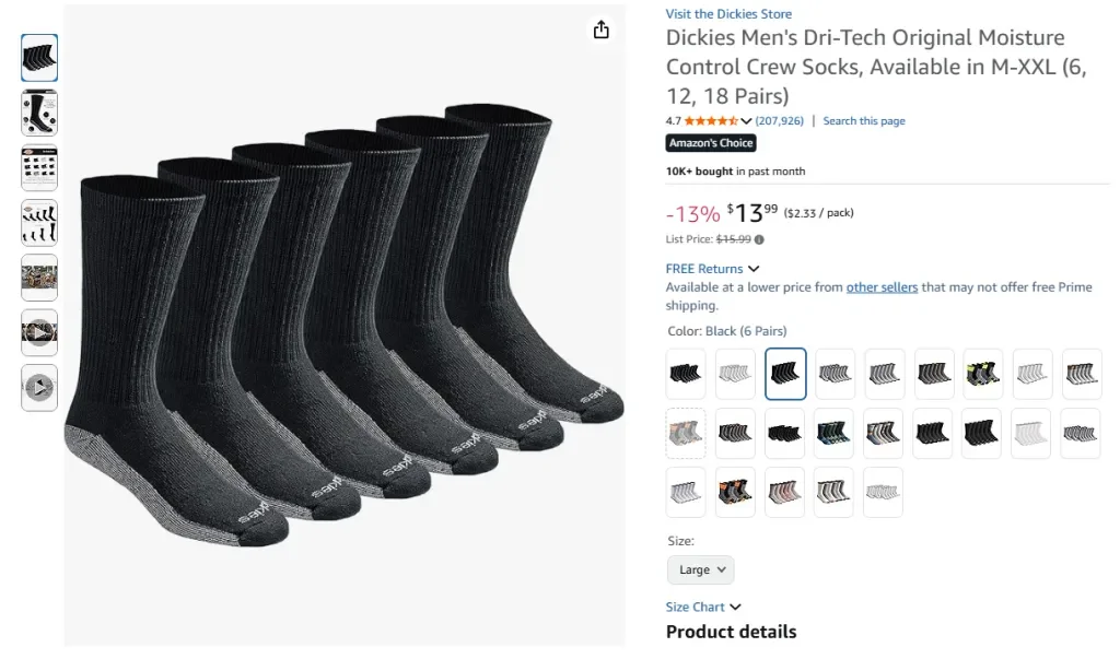 Dickies Men's Dri-Tech Original Moisture Control Crew Socks (6, 12, 18 Pairs)
