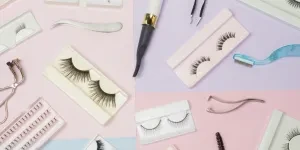 Different eyelash extensions with mascara on a colorful background
