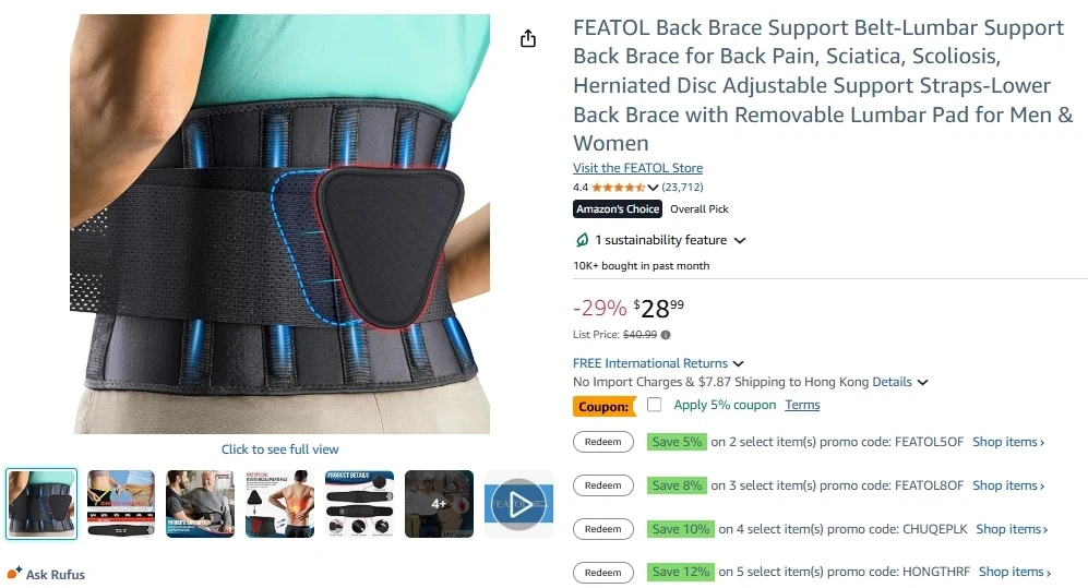 FEATOL Back Brace Support Belt