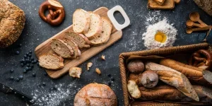 Freshly baked bread on wooden table