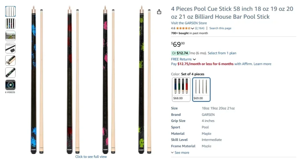 GARSEN 4 Pieces Pool Cue Stick – 58 inch, 18-21 oz