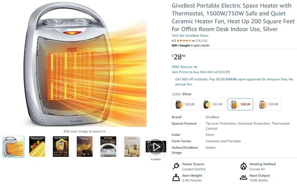 GiveBest Tragbarer elektrischer Raumheizer