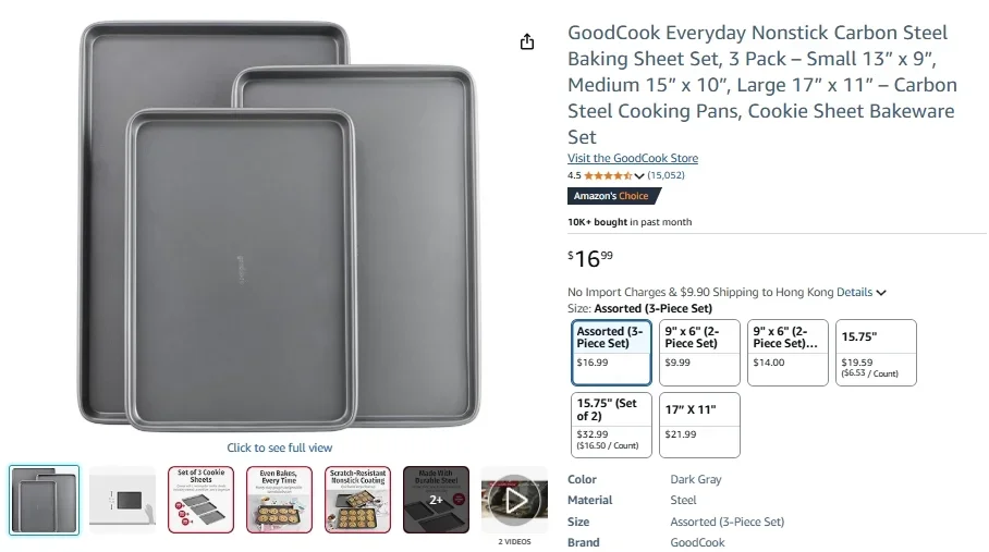 Ensemble de 3 plaques de cuisson antiadhésives en acier au carbone GoodCook