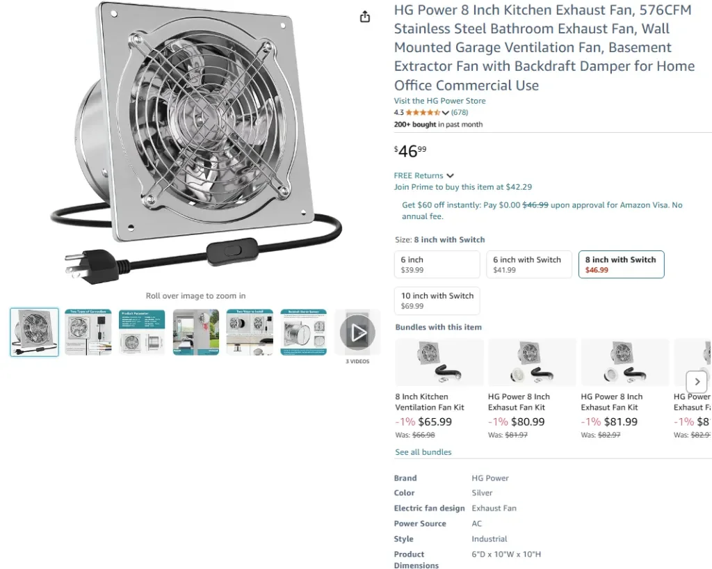 Кухонный вытяжной вентилятор HG Power 8 дюймов, нержавеющая сталь, 576 куб. футов в минуту