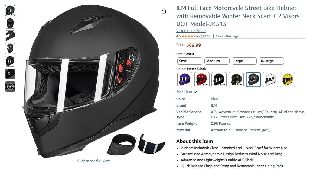 ILM Full Face Motorcycle Street Bike Helmet with Removable Winter Neck Scarf + 2 Visors (DOT Model-JK313)