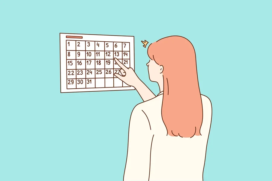 Illustration of young woman cartoon checking calendar