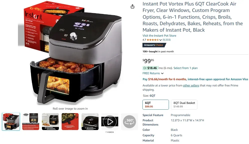 Аэрофритюрница Instant Pot Vortex Plus ClearCook объемом 6 литров