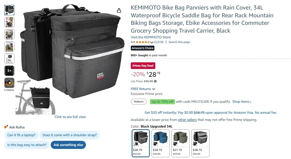 KEMIMOTO Bike Pannier Bags – 34L Waterproof with Rain Cover