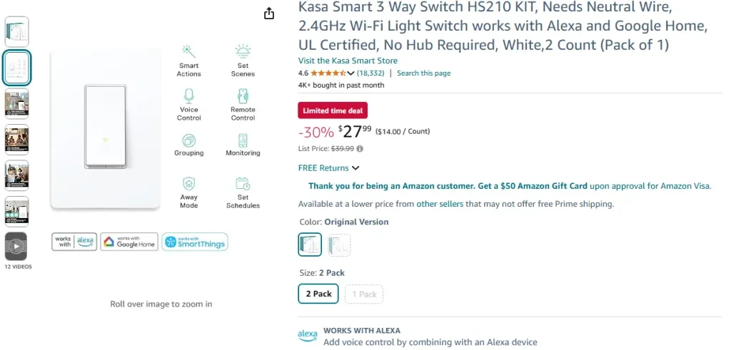 Kasa Smart 3-Way Switch HS210 KIT