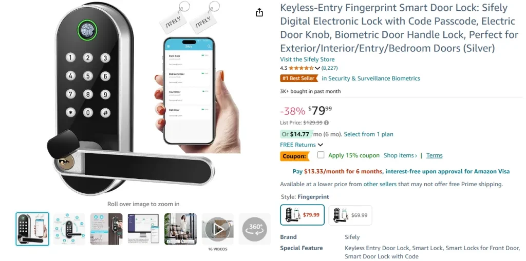 Keyless-Entry Fingerprint Smart Door Lock by Sifely