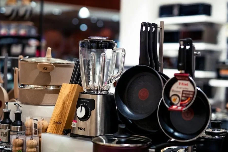 Kitchen appliances on a counter in a store