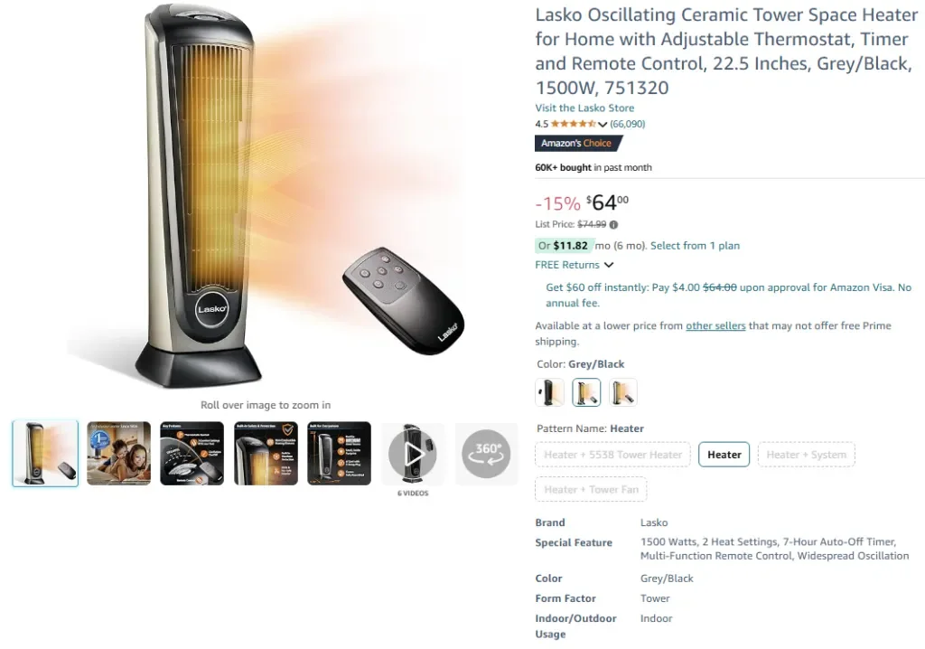 Lasko Oszillierende Keramik-Turm-Raumheizung