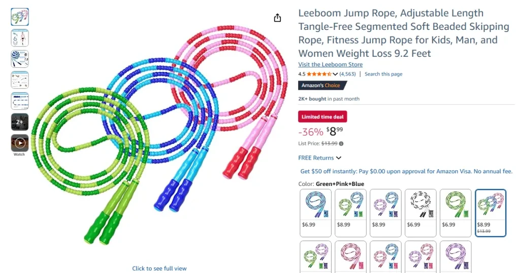 Leeboom Jump Rope, Adjustable Length Tangle-Free Segmented Soft Beaded Skipping Rope