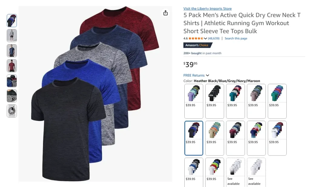 Liberty Imports 5 Pack Men’s Active Quick Dry Crew Neck T-Shirts